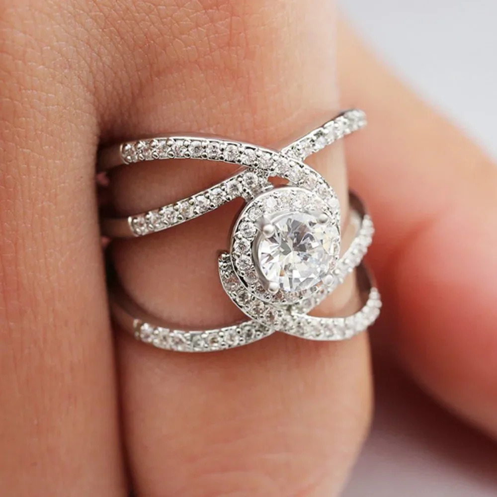 🎁Four Lines Crossing Round Zircon Trendy Wedding Rings for WomenEVGG1545